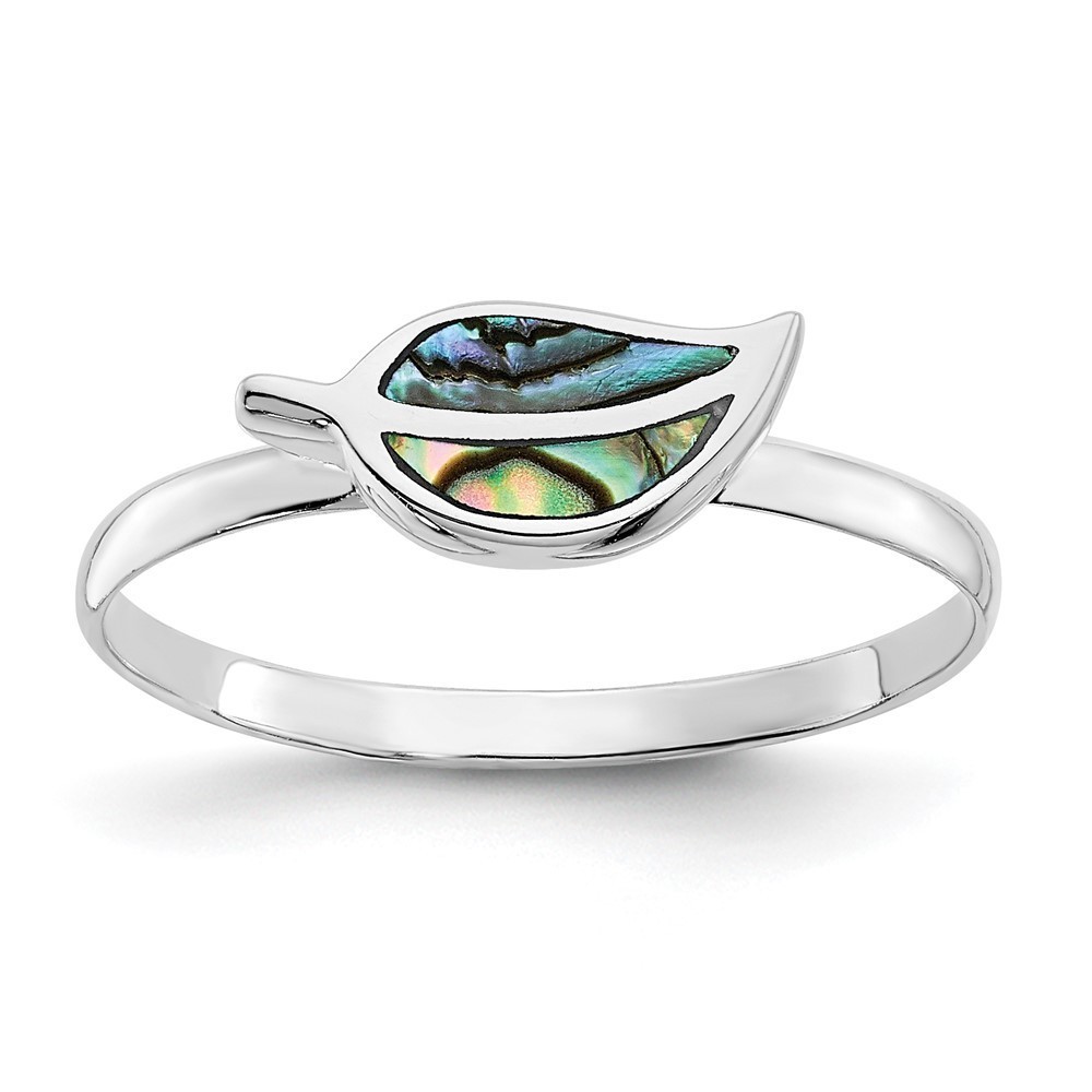 925 Sterling Silver RH-plated Abalone Leaf Ring